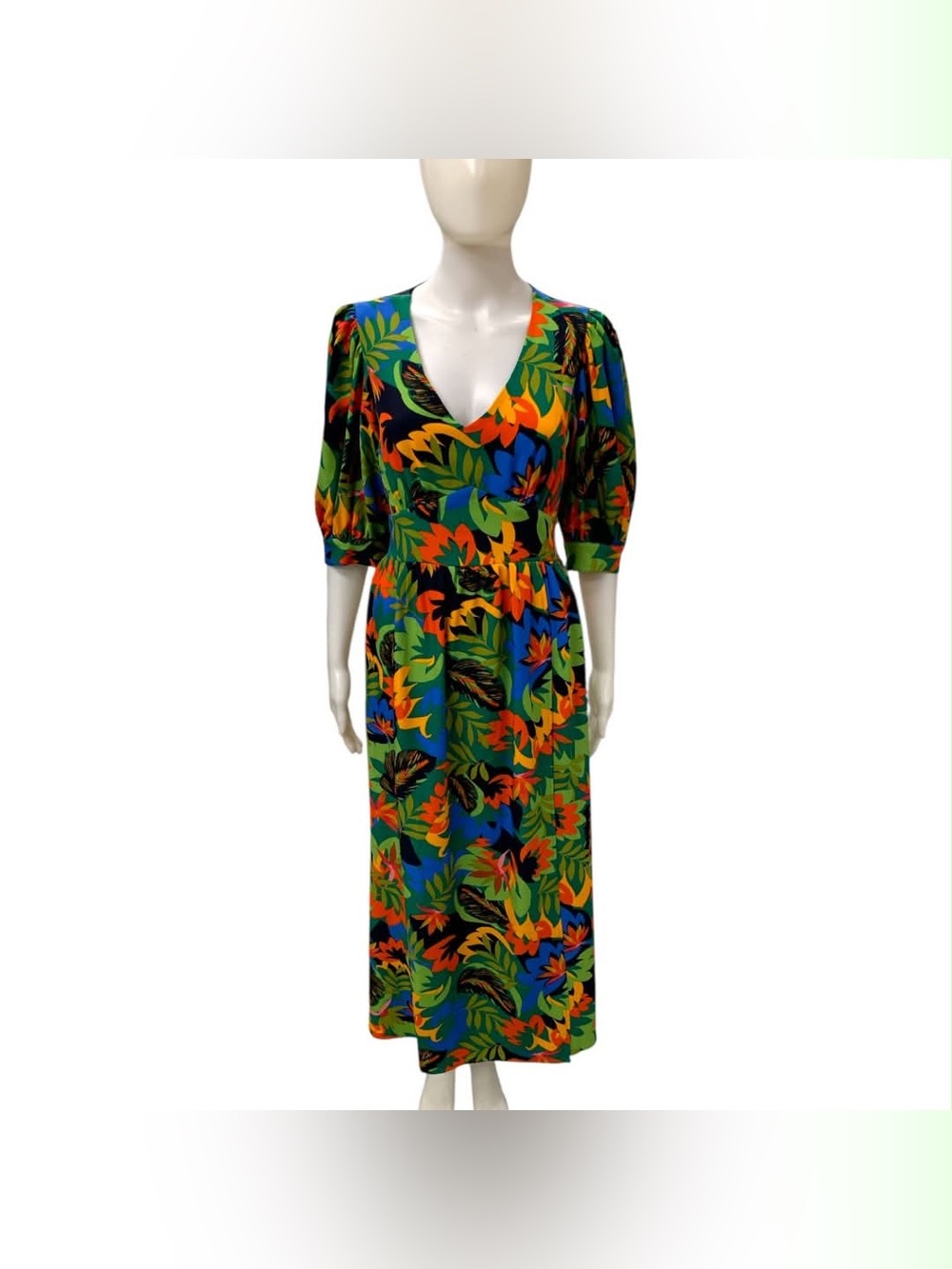 52 Seven Tropical Leaf-Print Midi Dress with V-Neck and Puff Sleeves Size S